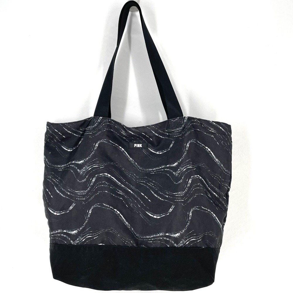 PINK Victoria's Secret Black White Tote Bag Extra Large Zipper Close Packable
